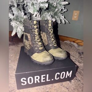 Sorel Olive and Black Camouflage Lexie Wedge Boots